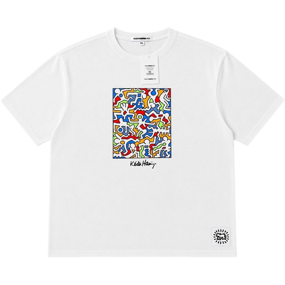 Fashion Nova Men Keith Haring Pop Art Graphic Print T-Shirt White XXL Crew Neck